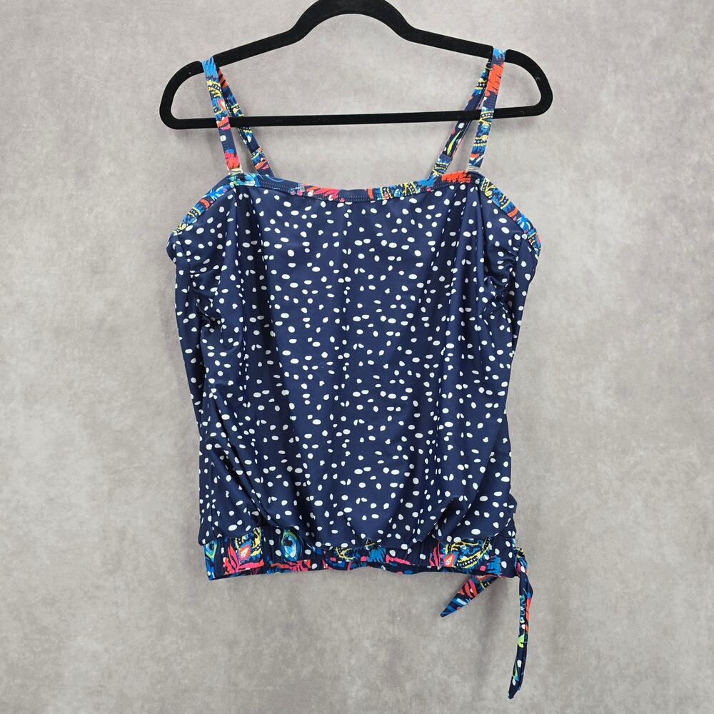 Blue Polka Dot Stretch Tie Boho White Tank Top Tankini Swimwear XL Extra Large